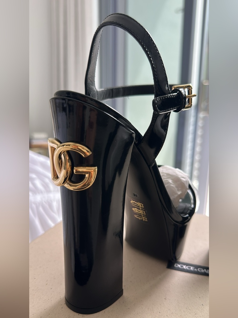 Dolce & Gabbana Black Patent Block Heel Sandals with Gold DG Logo